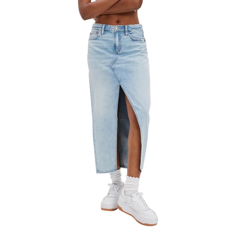 American Eagle Maxi Skirt Womens 8 Dreamy Drape Low-Rise Blue Front Slit NEW
